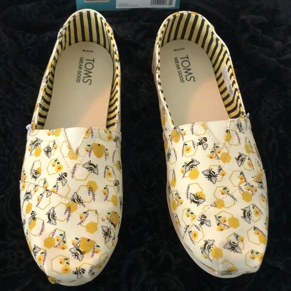 TOMS Womens Yellow and Cream Bee Pattern Slippers - Picture 1 of 7